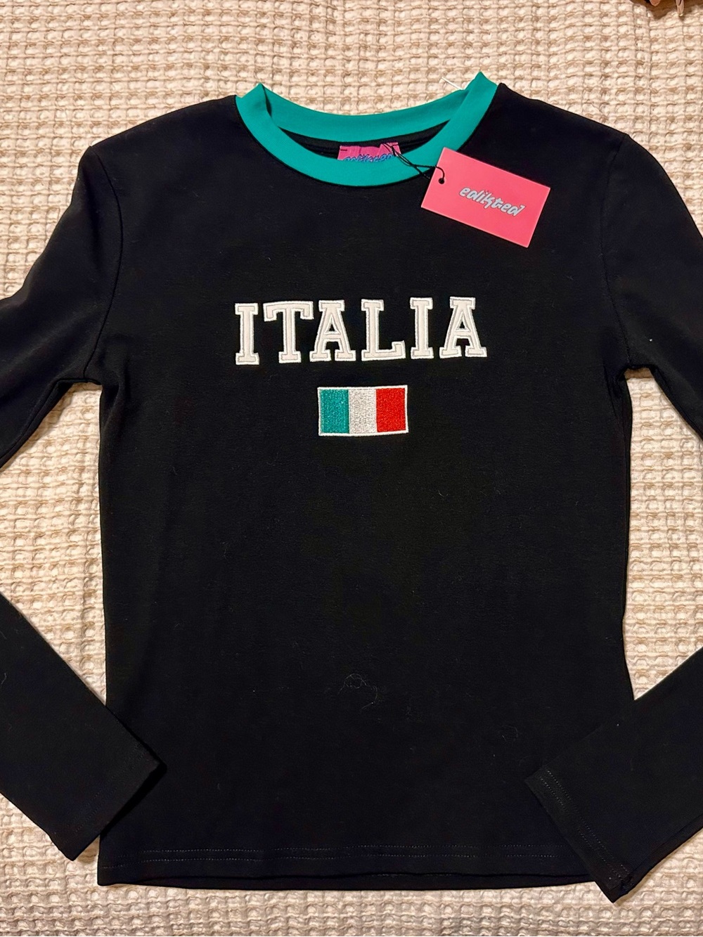 Edikted Black Long Sleeve Tee with Green Trim and Italia Patch